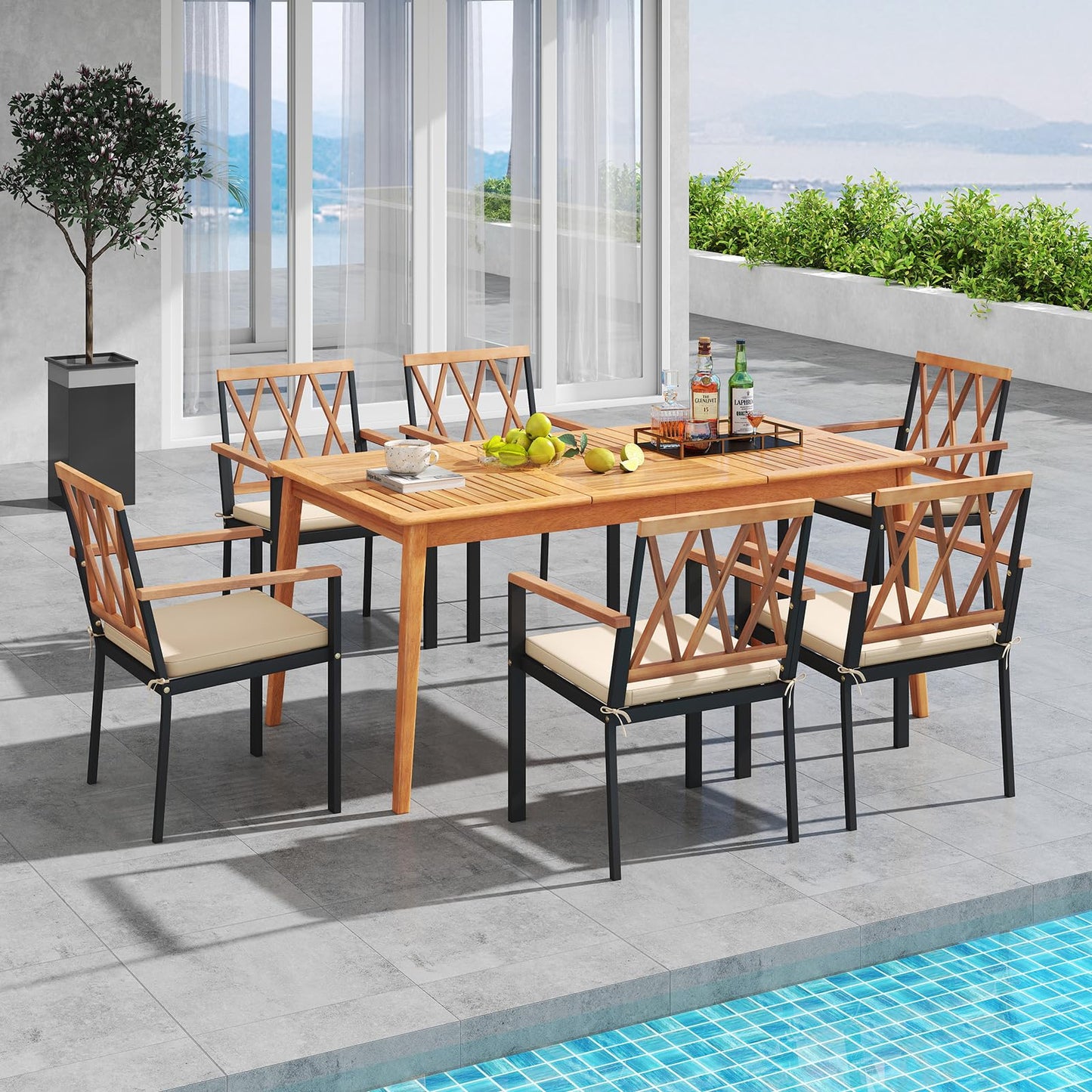 Tangkula 7 Piece Patio Wood Dining Set with Umbrella Hole
