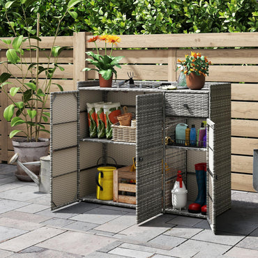 Tangkula Rattan Outdoor Storage Cabinet with 2 Adjustable Shelves