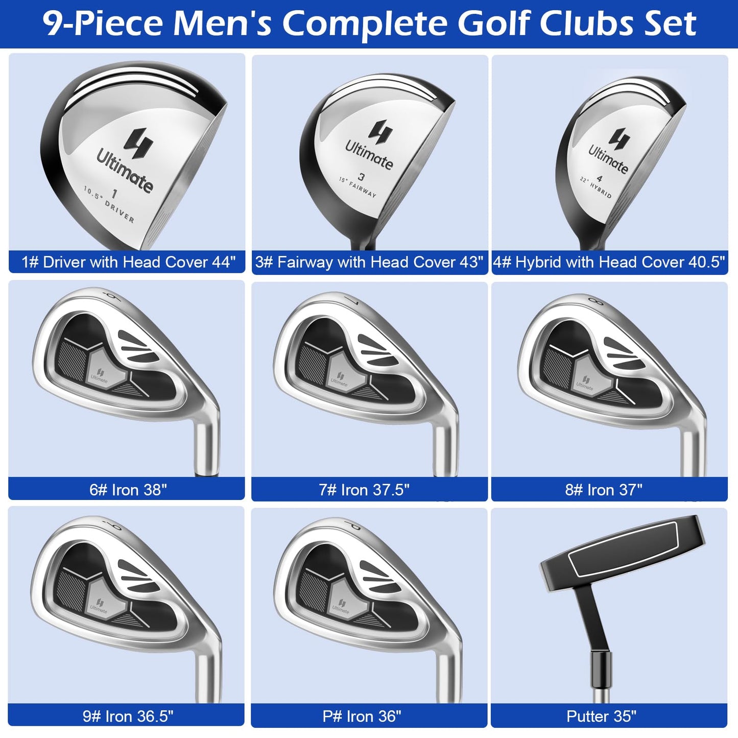 Tangkula Ensemble complet de 10 clubs de golf pour homme, droitier