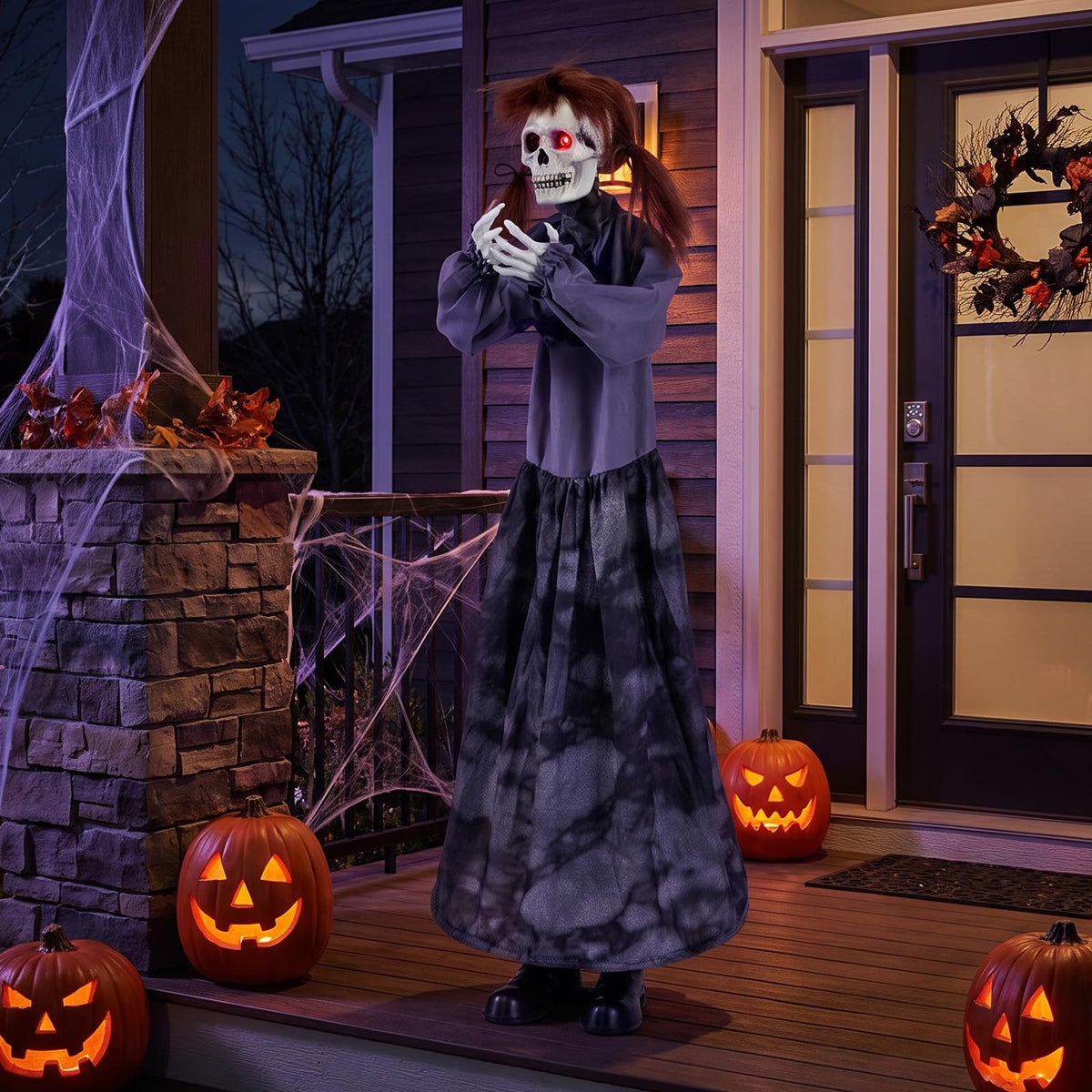 Tangkula 4 FT Halloween Animatronic Standing Skeleton Gril with Pop Up Head