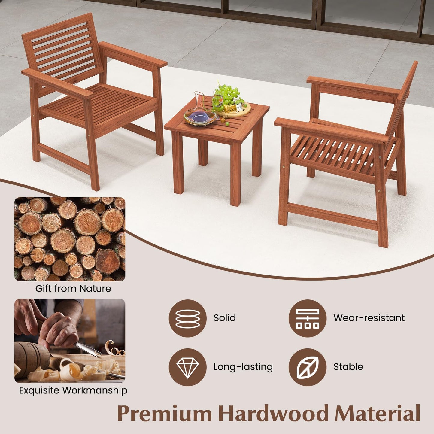 Tangkula 3-Piece Patio Furniture Set, Outdoor Bistro Set w/2 Seat Cushions, Coffee Table