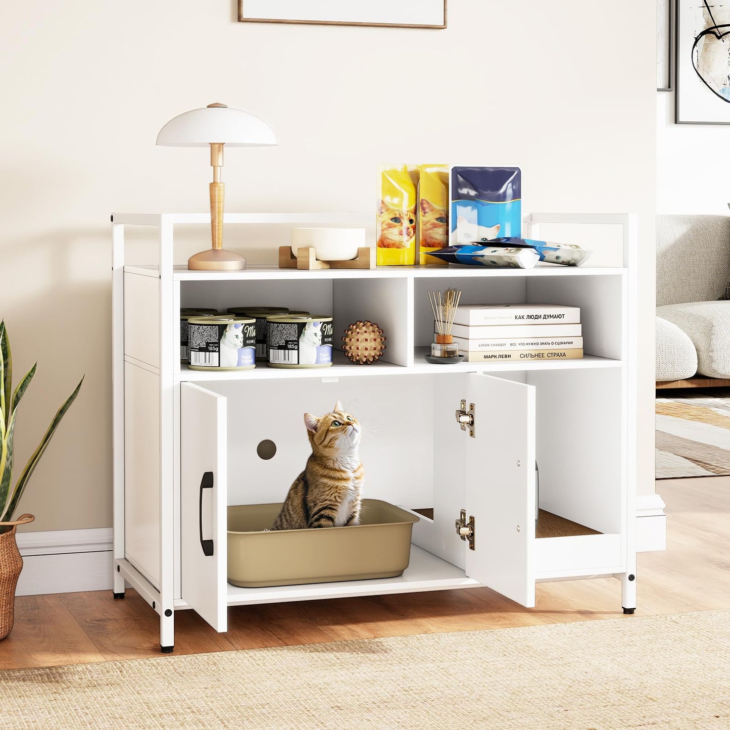 Meuble Cache-Litière Tangkula avec 2 Compartiments de Rangement pour Chatons d'Intérieur