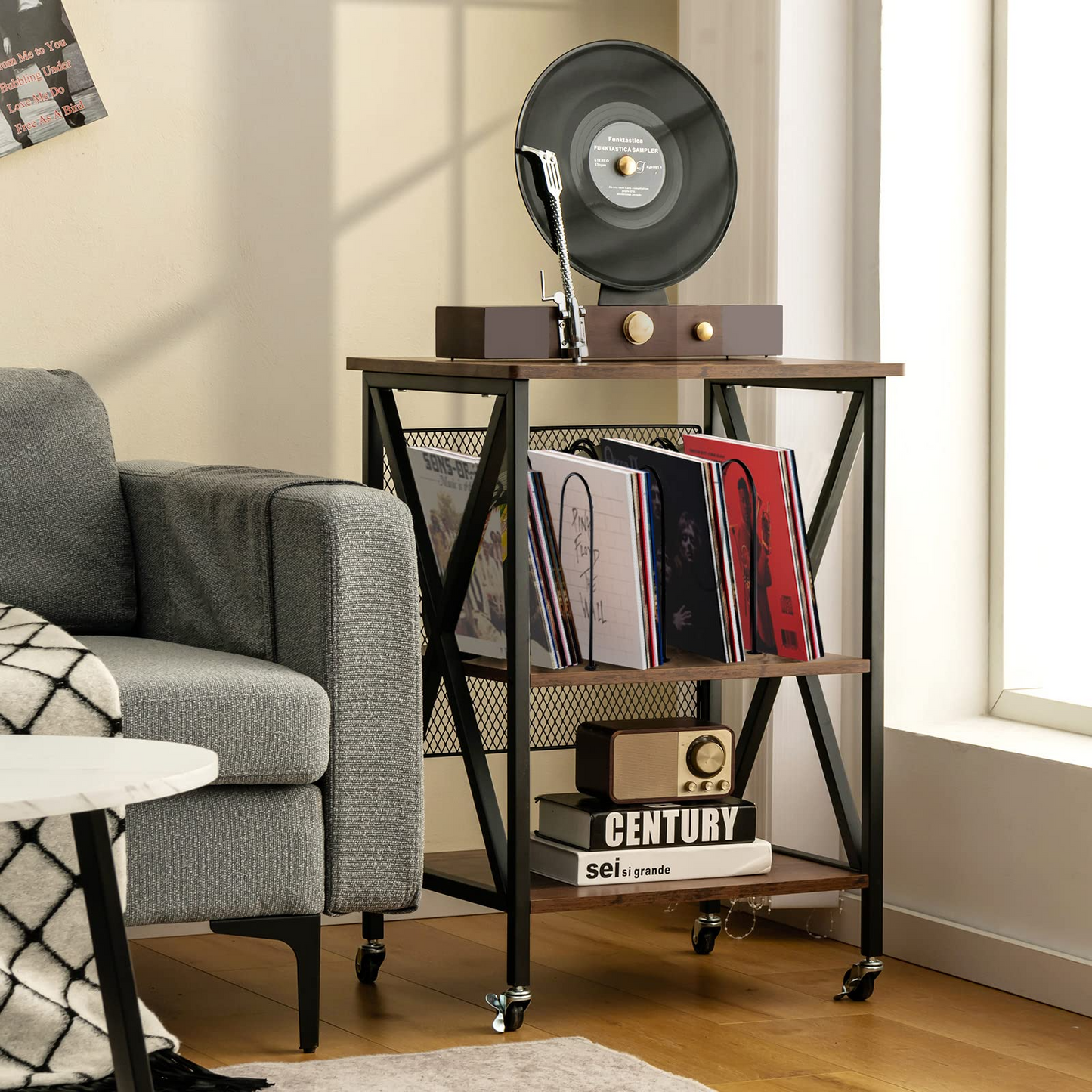 TANGKULA Record Player Stand, 3 Tier Rolling Turntable Stand