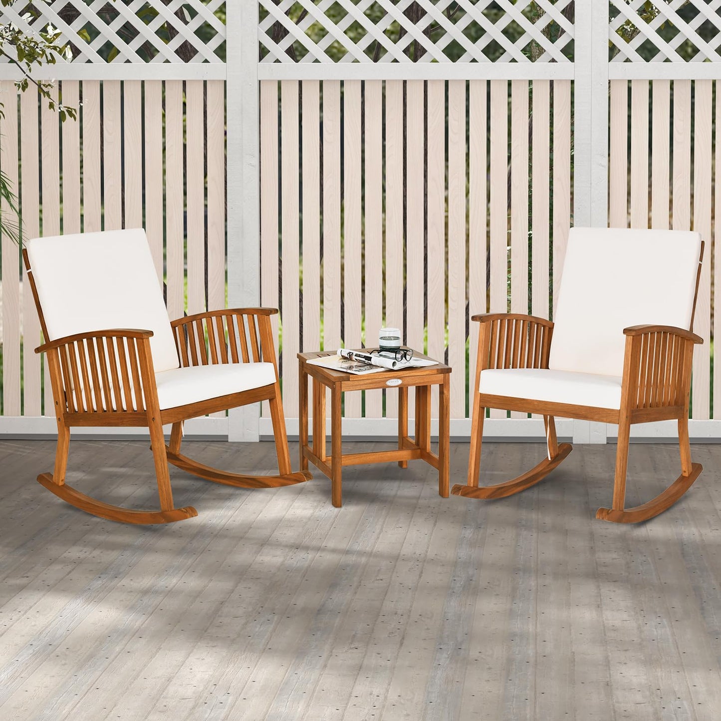 Tangkula 3 Pieces Acacia Wood Rocking Bistro Set Coffee Table and Cushions