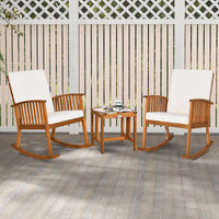 Tangkula 3 Pieces Acacia Wood Rocking Bistro Set Coffee Table and Cushions