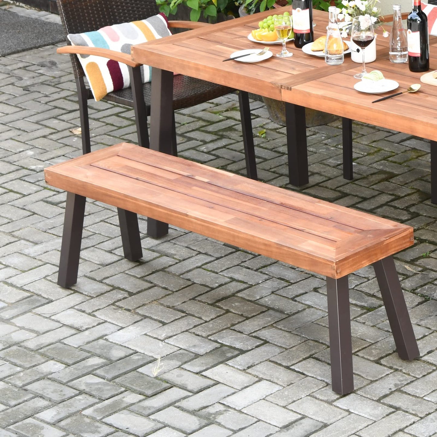 Outdoor Acacia Wood Bench, Patio Dining Bench Picnic Bench with Steel Legs