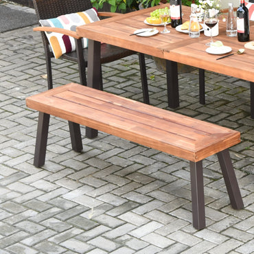 Outdoor Acacia Wood Bench, Patio Dining Bench Picnic Bench with Steel Legs