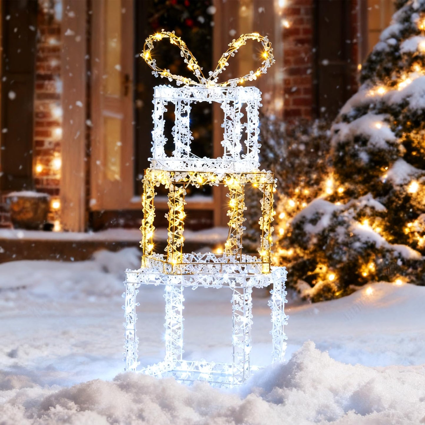 Tangkula Lot de 3 boîtes cadeaux lumineuses avec lumières LED blanc chaud et blanc froid