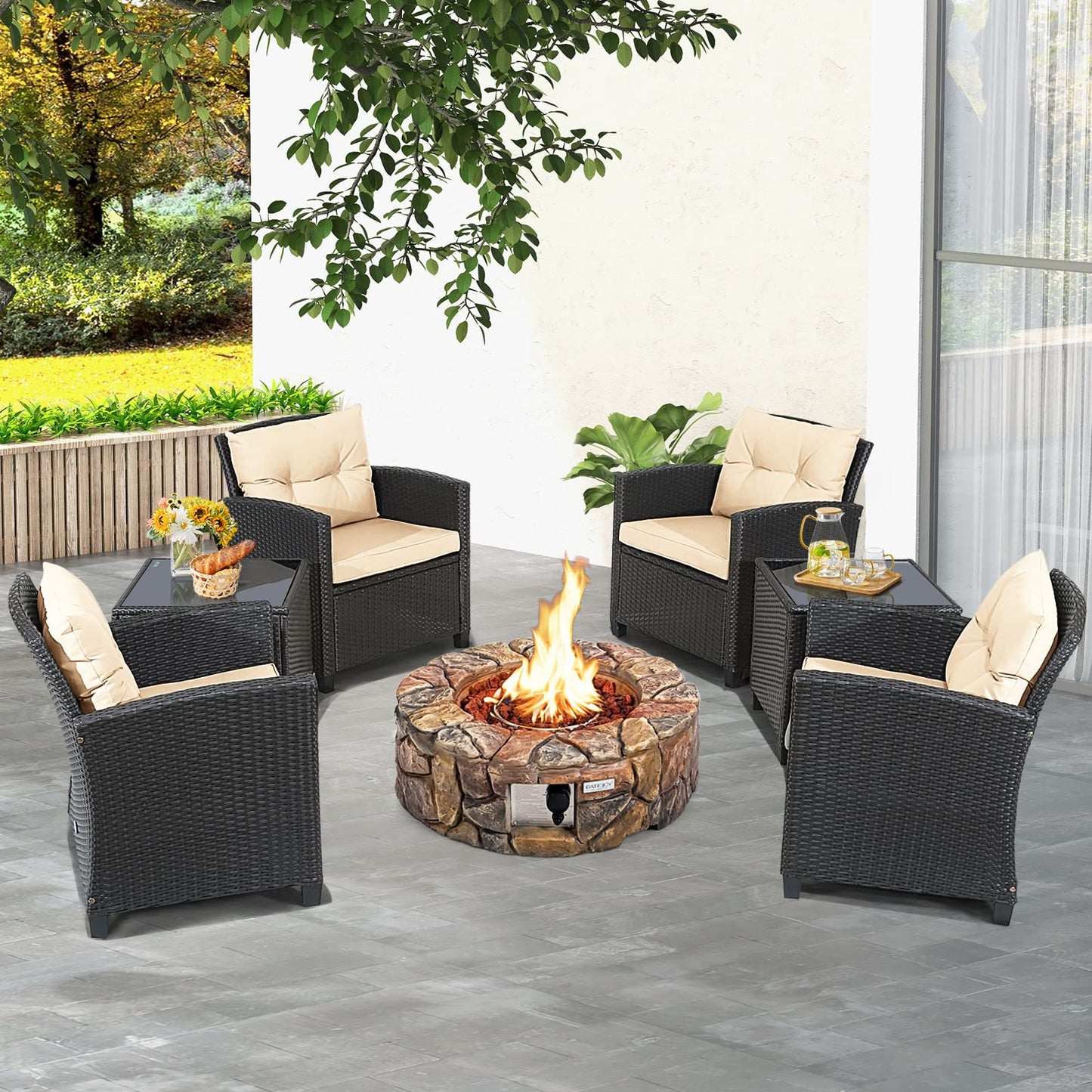 Ensemble de meubles de patio 7 pièces Tangkula avec table brasero au propane de 40 000 BTU (marron)