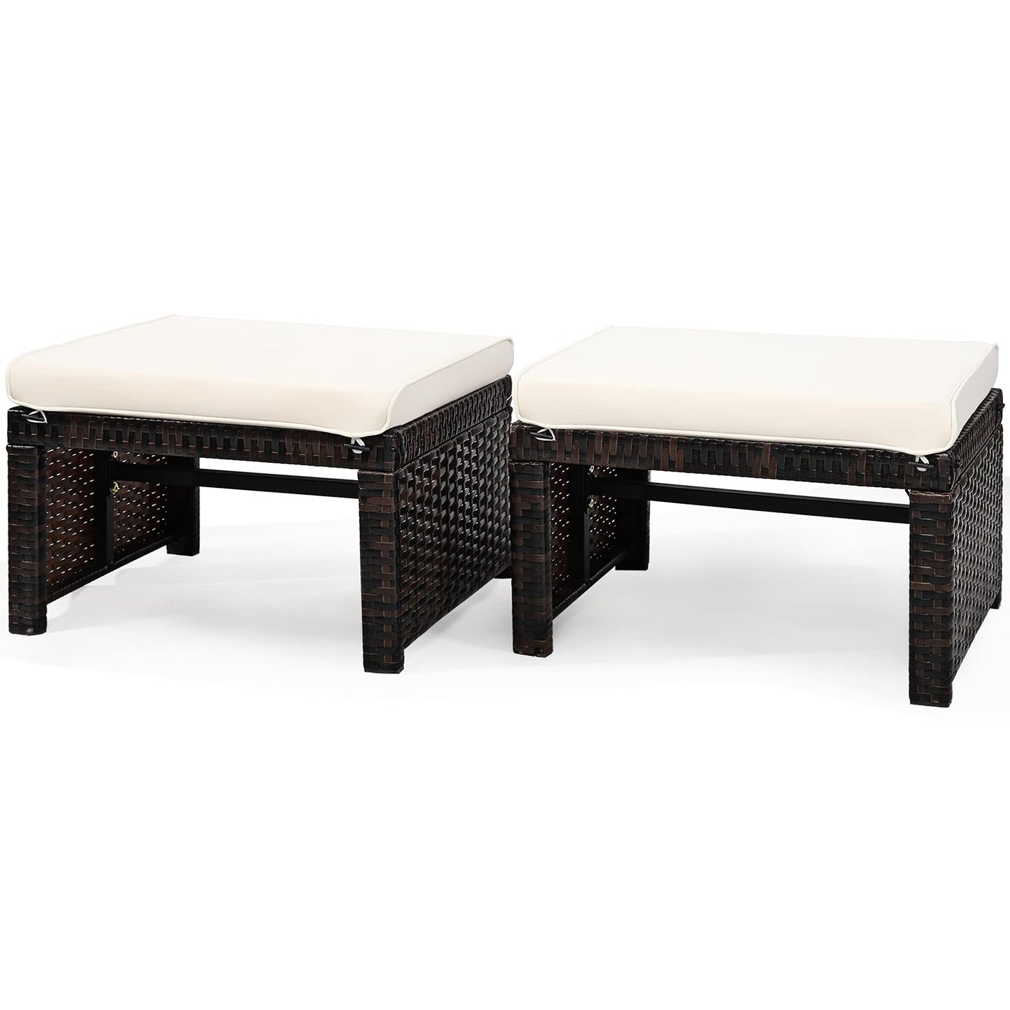 2 Pieces Patio Rattan Ottomans, All Weather Outdoor Footstool Footrest Seat