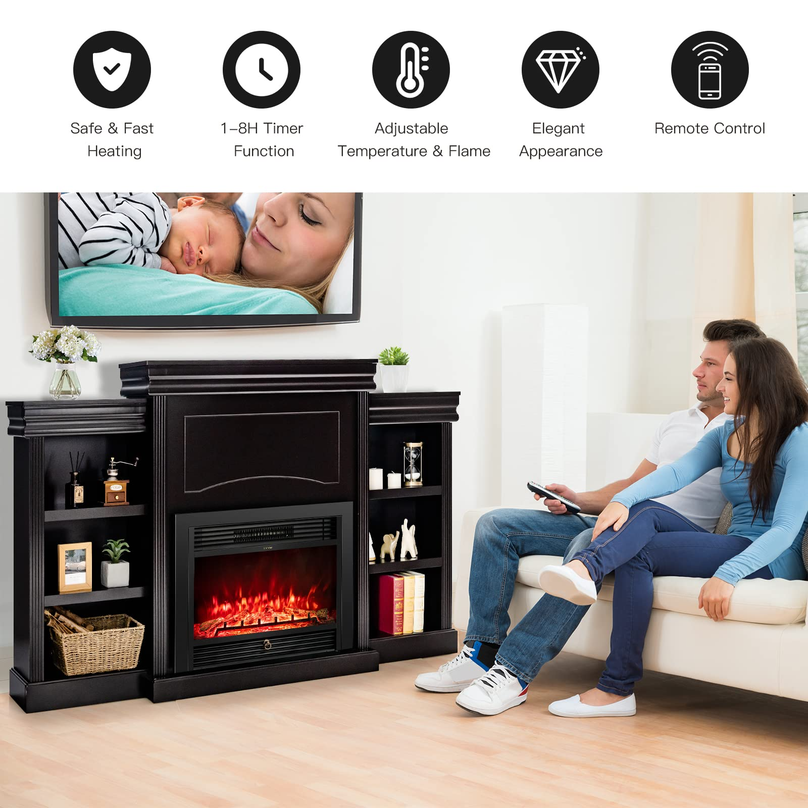  70 Inches Mantel Fireplace, 28.5-Inch Electric Fireplace - Tangkula