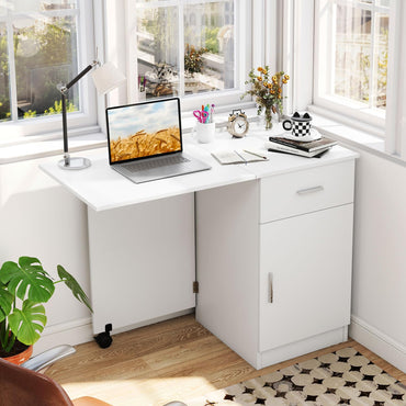 Tangkula Folding Computer Desk with Storage Drawer & Cabinet