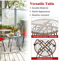 3 Pieces Patio Conversation Bistro Set, Outdoor Wicker Furniture w/Round Tempered Glass Top Table & 2 Rattan Armchairs