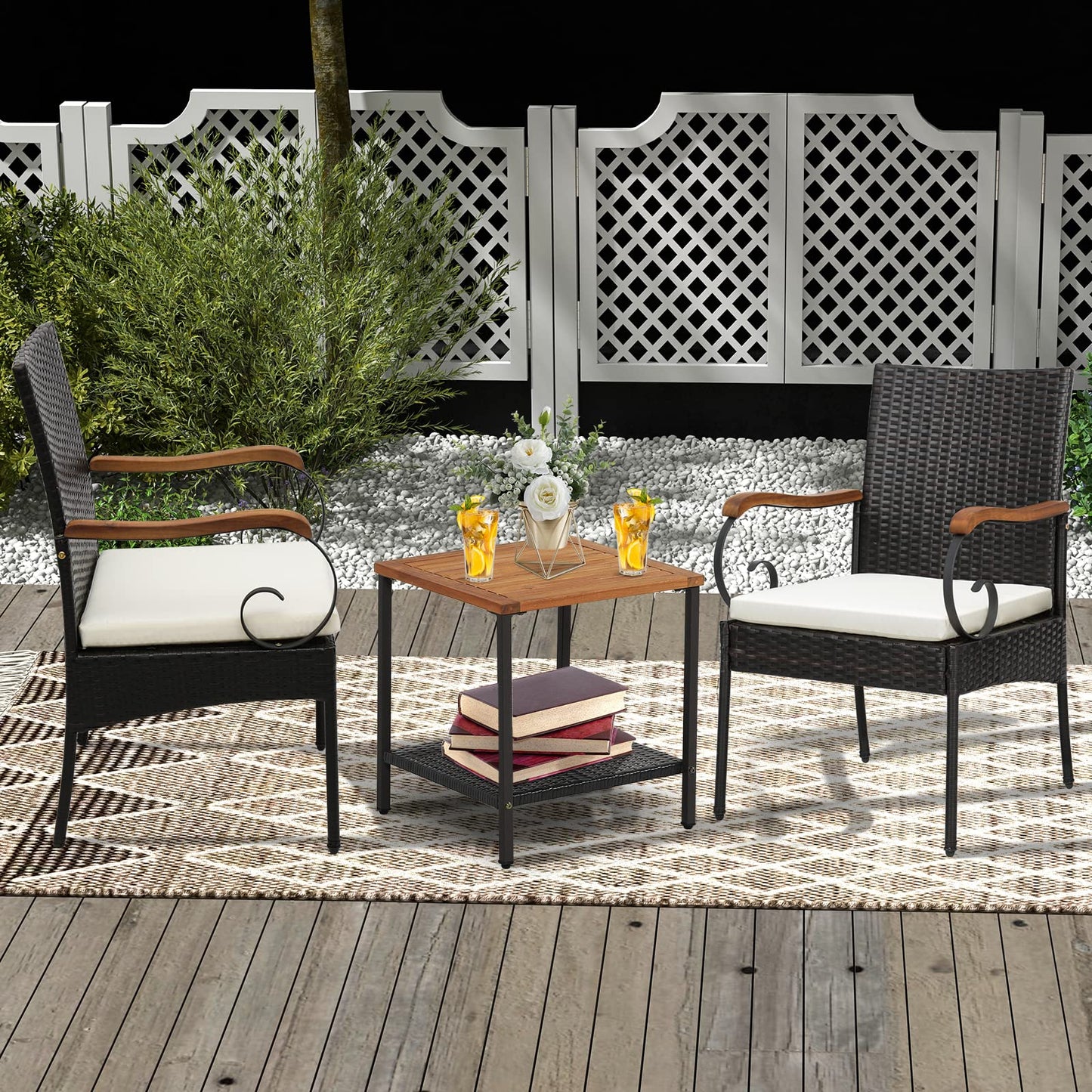 Ensemble de 2 chaises de jardin en rotin PE avec coussins souples zippés, cadre en métal robuste et osier toutes saisons