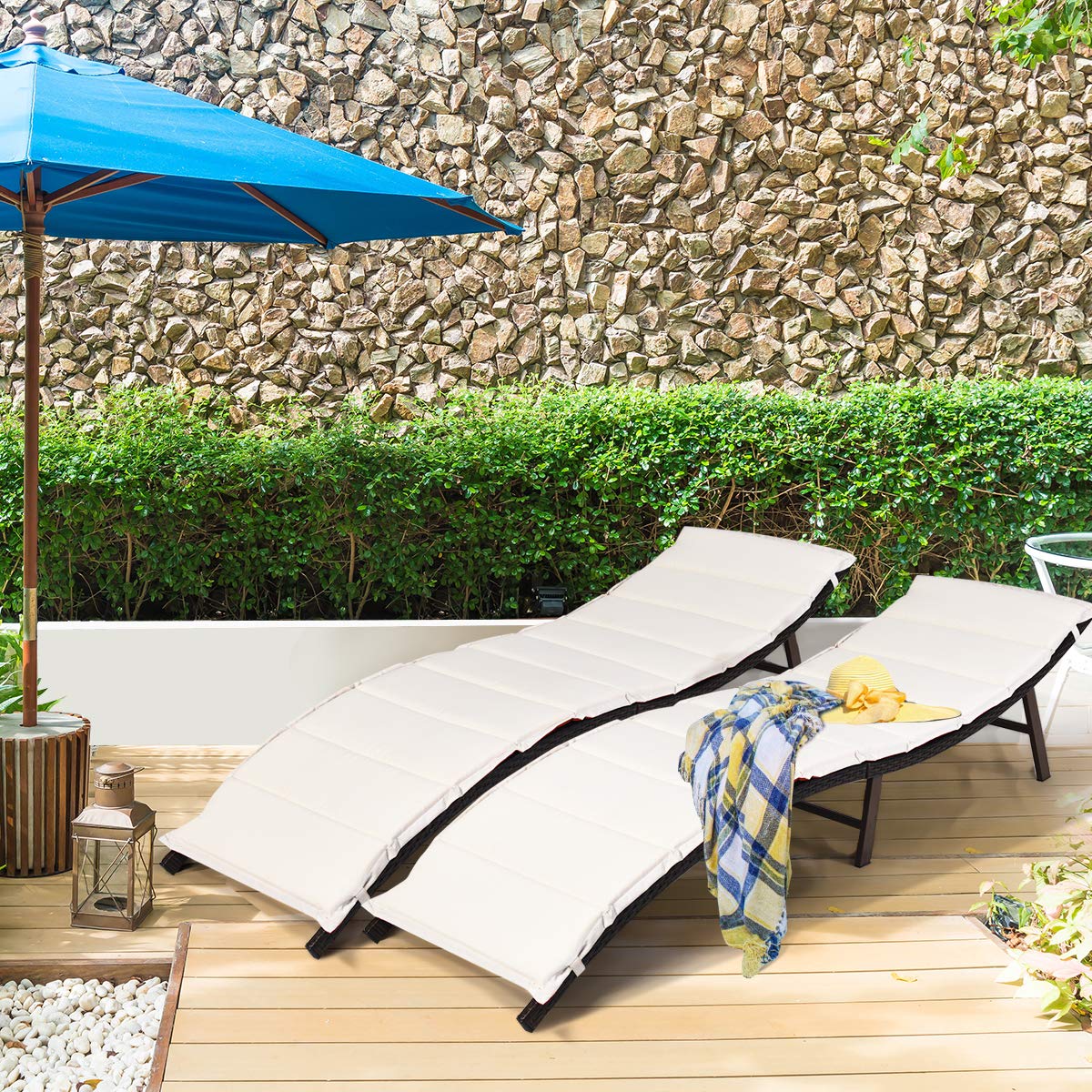 Set of 2 Patio Chaise, Foldable Outdoor Patio Wicker Lounger Chair