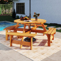 Tangkula 8-Person Wood Picnic Table Outdoor Round Table and Bench Set