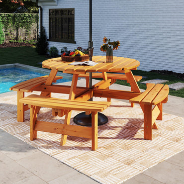 Tangkula 8-Person Wood Picnic Table Outdoor Round Table and Bench Set