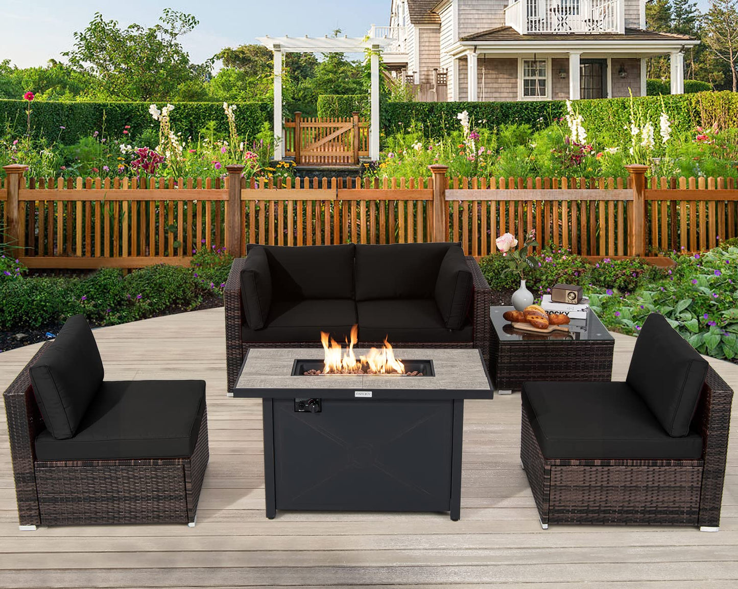 Tangkula 6 Pieces PE Rattan Wicker Sectional Sofa with 42" 60,000 BTU Gas Fire Pit Table