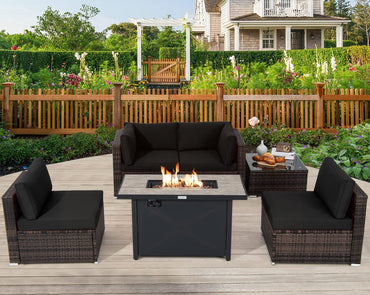 Tangkula 6 Pieces PE Rattan Wicker Sectional Sofa with 42" 60,000 BTU Gas Fire Pit Table