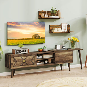 Tangkula Farmhouse TV Stand with 2 Wall Shelves for Living Room