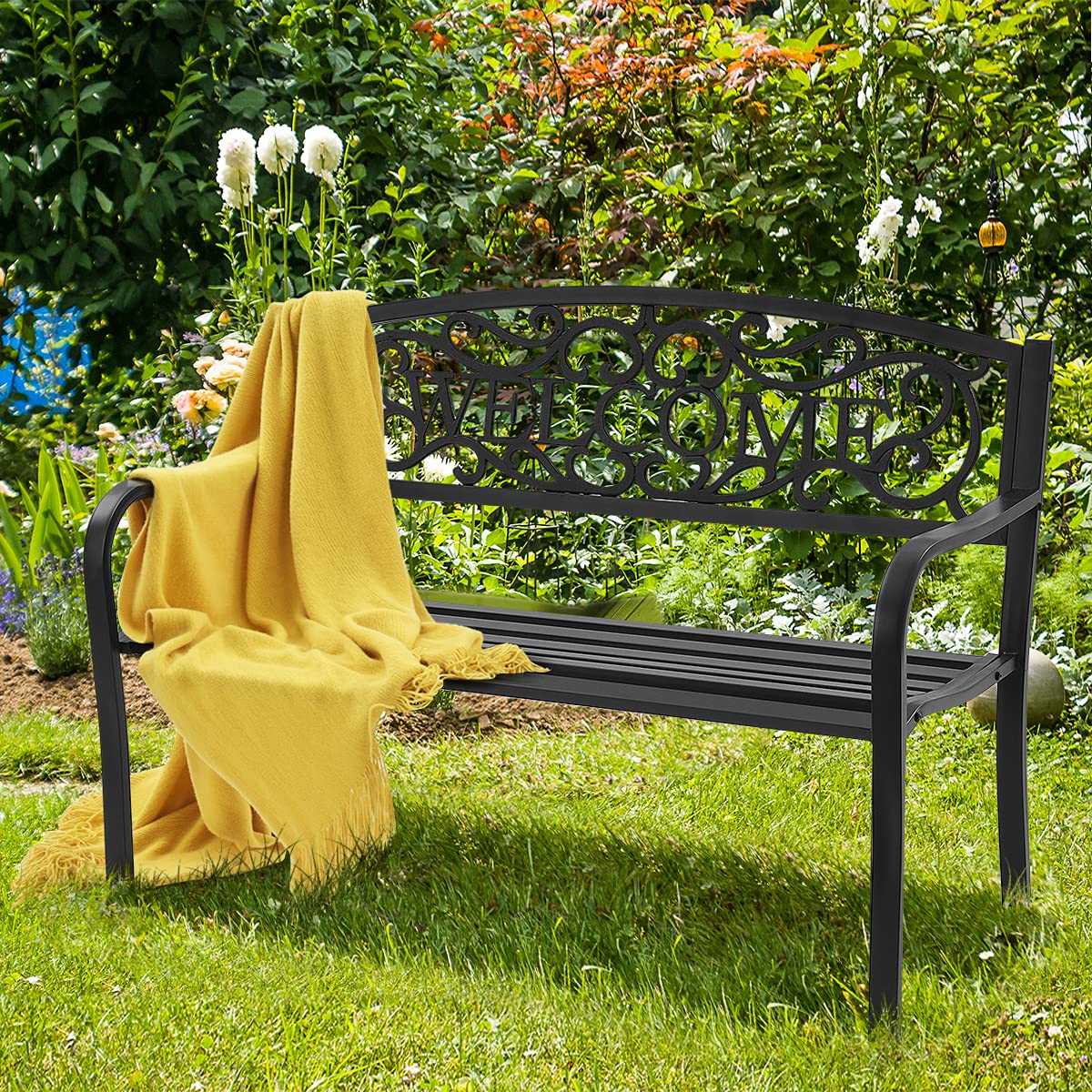 Outdoor Steel Garden Bench Park Bench, 50 Inch Patio Welcome Bench with Slated Seat & Floral Design Backrest