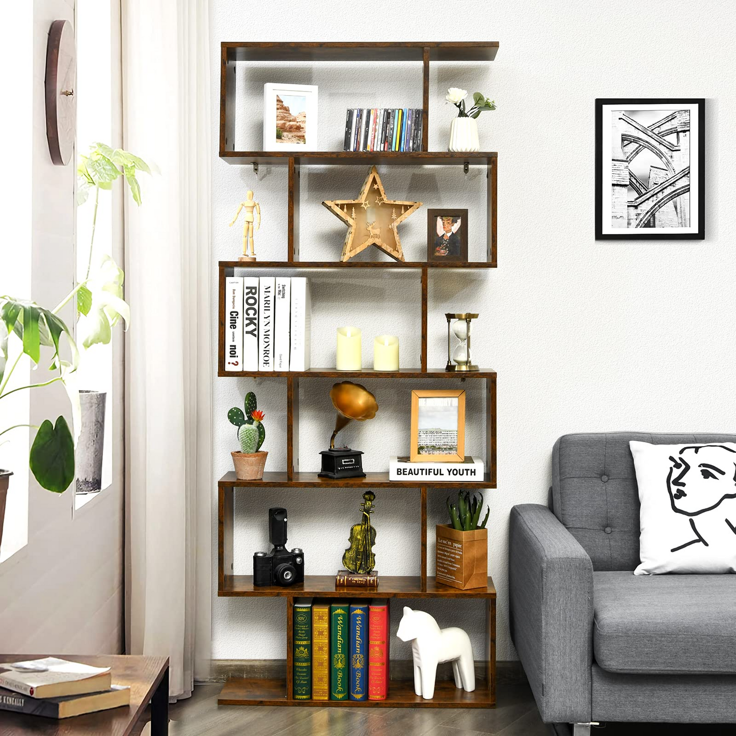 Tangkula 6-Tier Wooden Bookcase, S Shaped Bookshelf, 31.5''L x 9''W x 75''H, Display Shelf w/Anti-Tipping Device