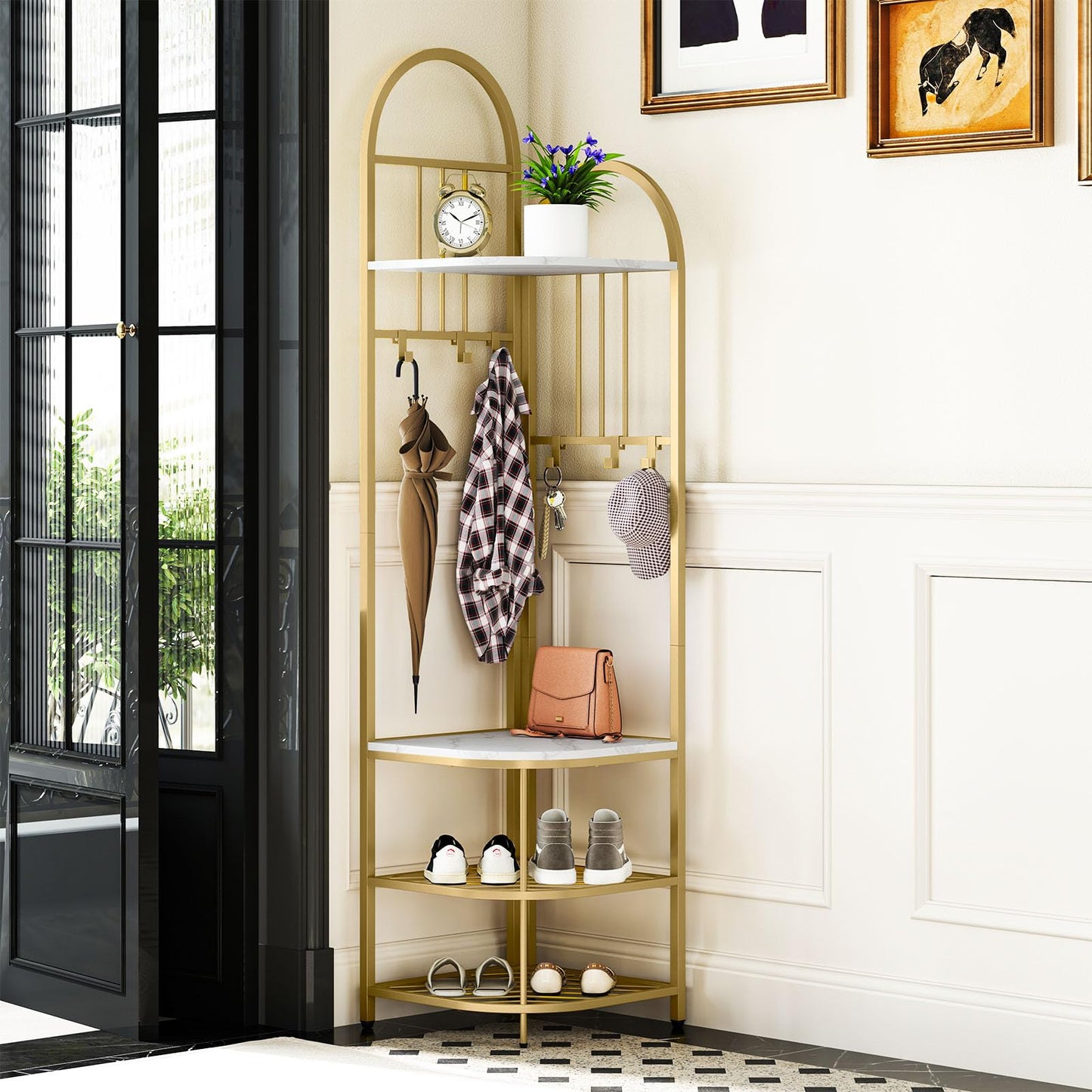 Tangkula 4-Tier Coat Rack Corner Hall Tree with Shoe Storage Bench