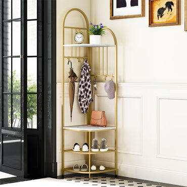 Tangkula 4-Tier Coat Rack Corner Hall Tree with Shoe Storage Bench