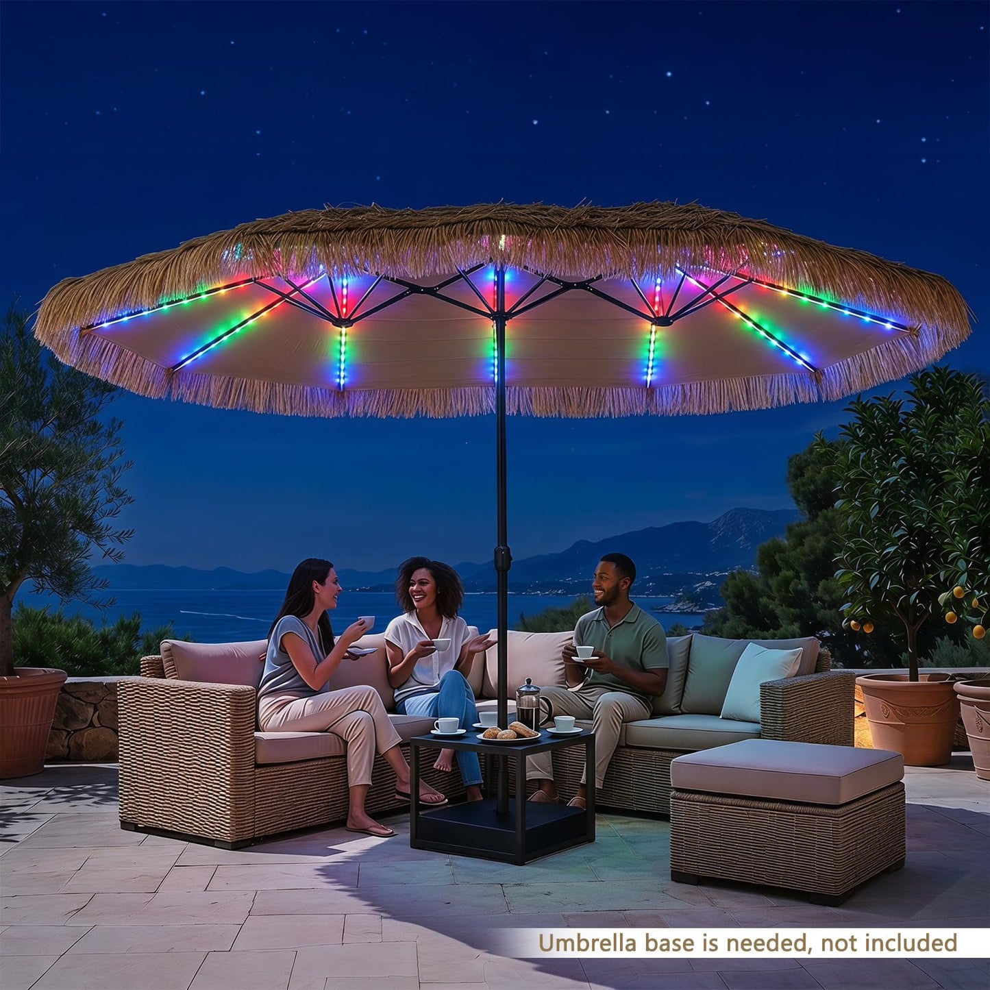 Tangkula 15 FT Solar Tiki Patio Umbrella | Thatched PE Grass