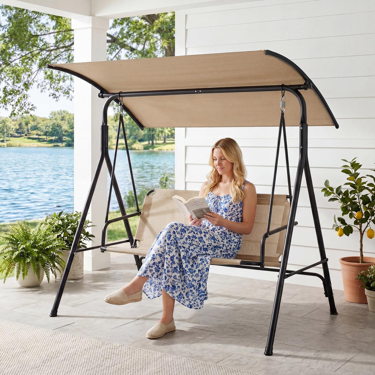 Tangkula 3 Seat Outdoor Patio Swing Chair with Breathable Mesh Fabrics