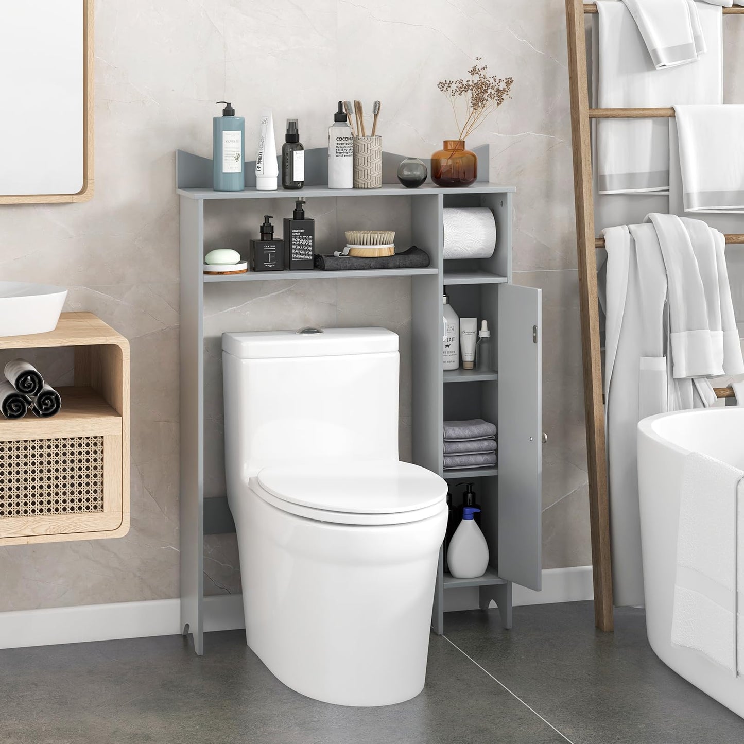 Tangkula Over The Toilet Storage Cabinet Bathroom Organizer w/Toilet Paper Holder