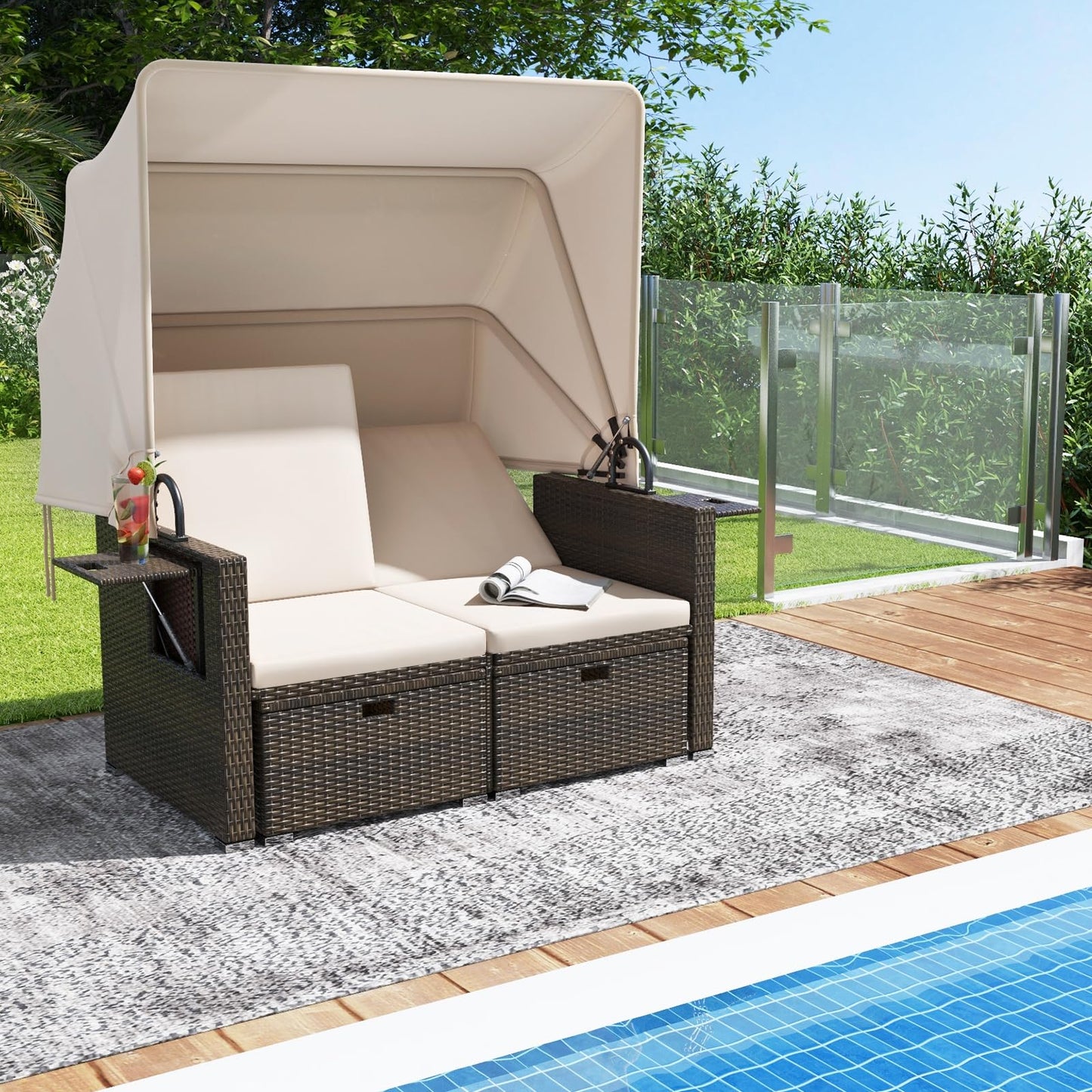 Tangkula Outdoor Patio Rattan Daybed w/Retractable Canopy & Adjustable Backrests