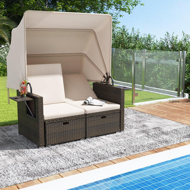 Tangkula Outdoor Patio Rattan Daybed w/Retractable Canopy & Adjustable Backrests