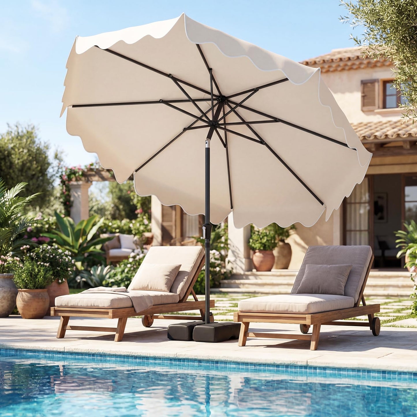 Tangkula 9 FT 2-Tiers Outdoor Scalloped Table Umbrella with Base Included