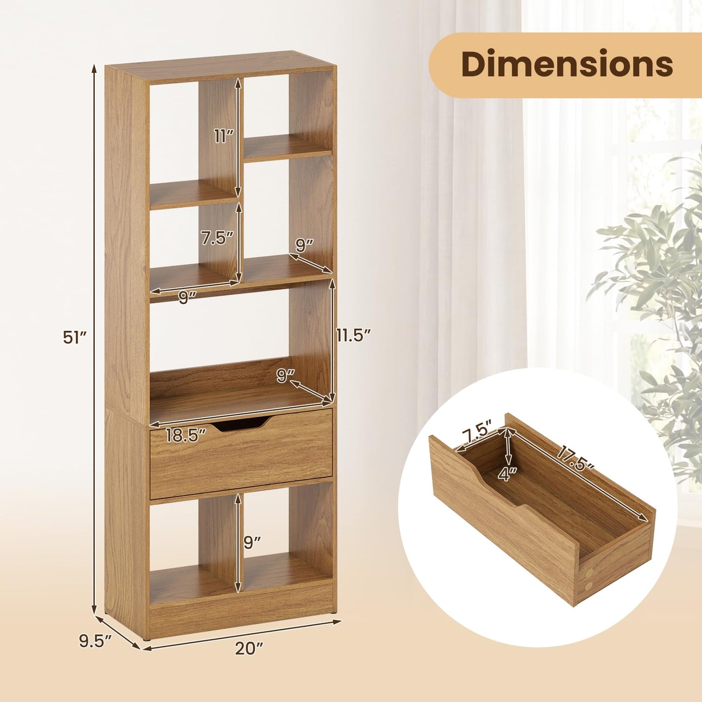 Tangkula 51” Tall Open Bookcase with Drawer 7-Cube Display Storage Cabinet(1/2)