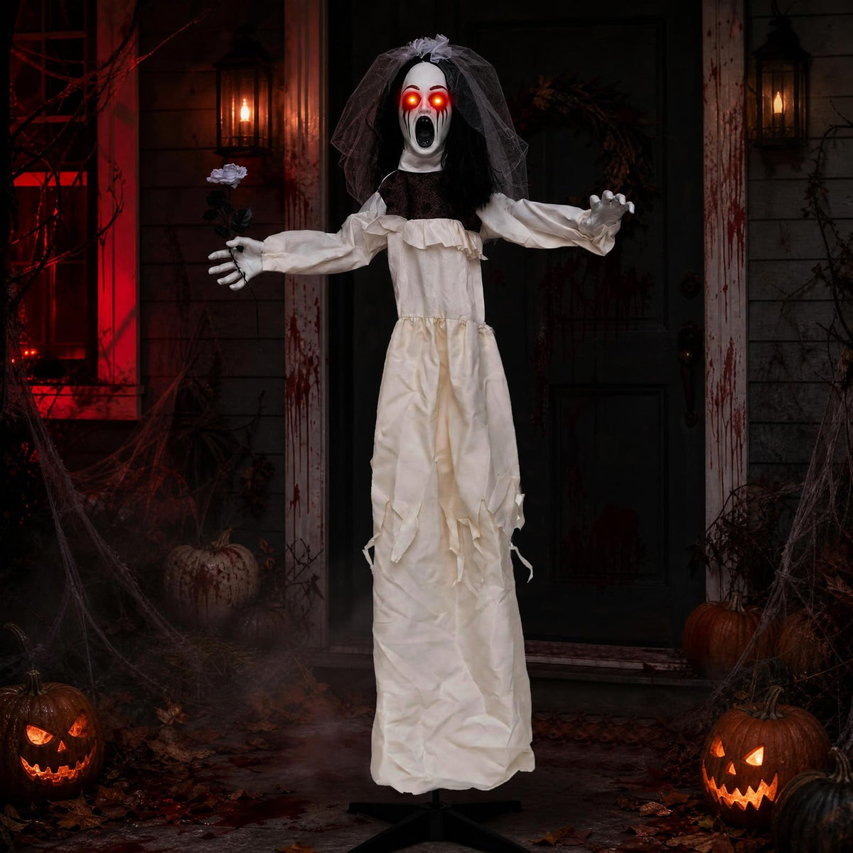 Tangkula 5.7 FT Halloween Standing Animatronics Ghost Bride with Flower