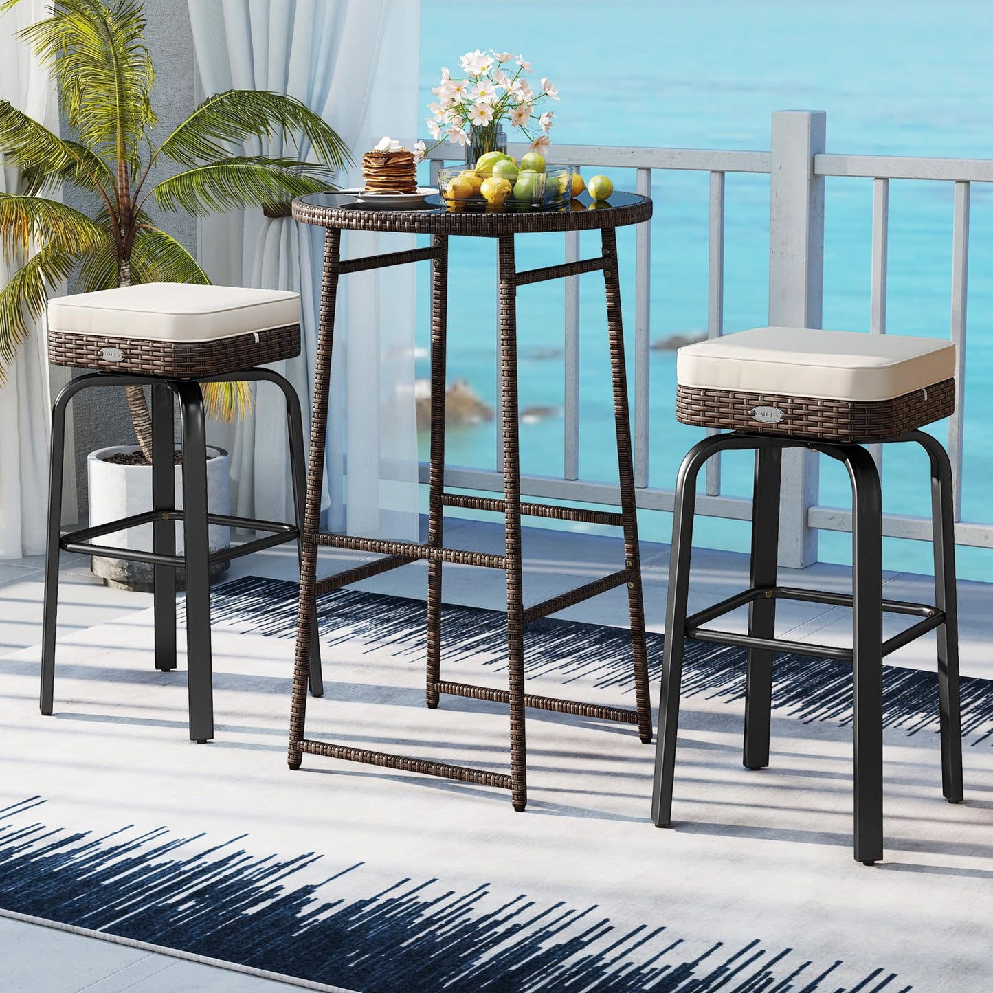 Tangkula 3 Pieces Outdoor Swivel Bar Set with 2 Cushioned Stools