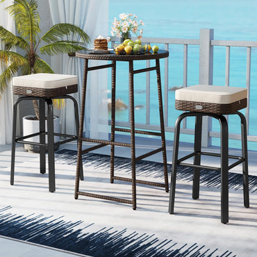 Tangkula 3 Pieces Outdoor Swivel Bar Set with 2 Cushioned Stools