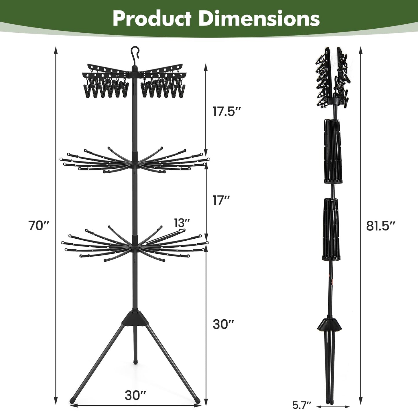 Tangkula 70"H 3-Tier Portable and Foldable Drying Rack with 32 Rods