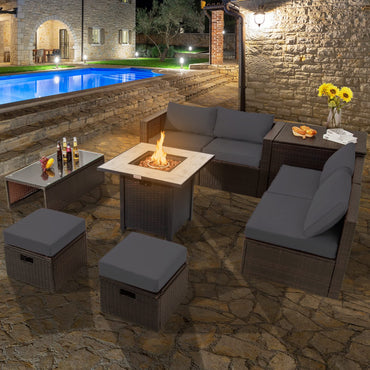 Tangkula 9 Pieces Outdoor Patio Furniture Set with 30” Propane Fire Pit Table