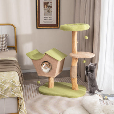 Tangkula Cat Tree, Solid Wood Cat Tower with Jute Scratching Post, Cat Condo, Perch, Jingling Ball
