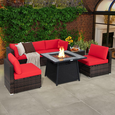Tangkula 7 Pieces Patio Furniture Set with 35” 50000 BTU Propane Gas Fire Pit Table & Waterproof Cover for Firpit