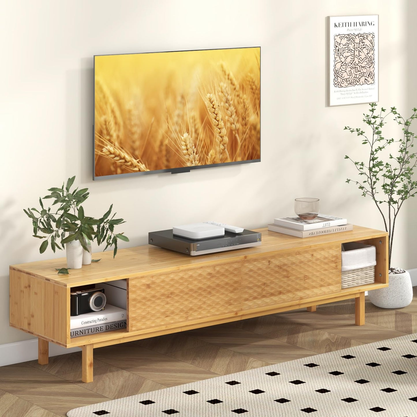 Tangkula Bamboo TV Stand for 65” 70” TVs