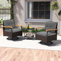 Tangkula 3 Piece Outdoor Swivel Chair Set with 2 Tier Tempered Glass Side Table