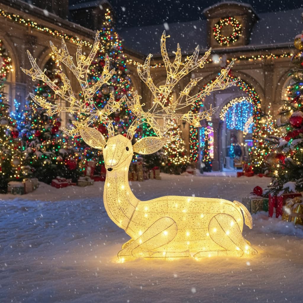 Tangkula Christmas Lighted Kneeling Reindeer for Yard Lawn Patio Garden