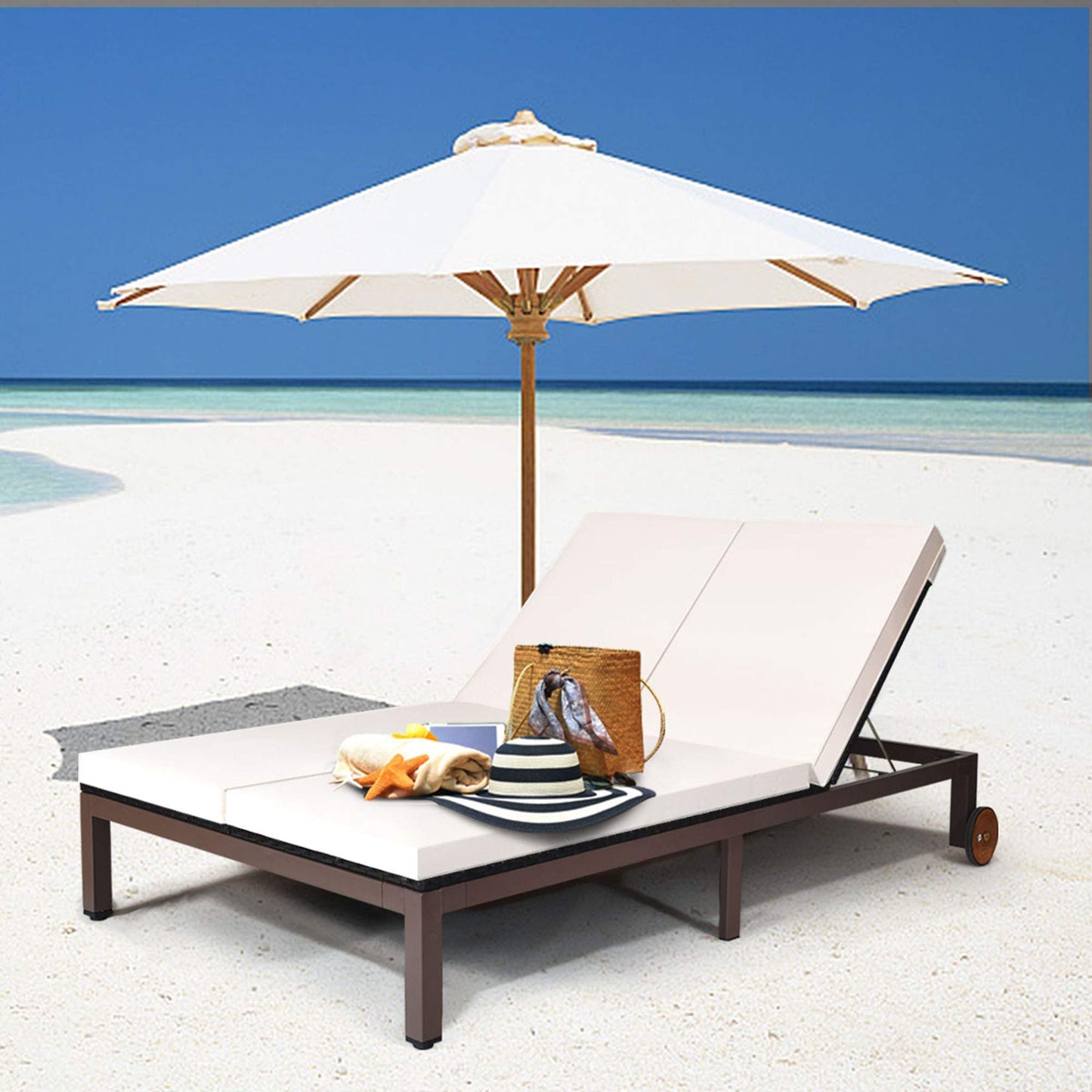 Tangkula 2-Person Patio Lounge Chair, Outdoor Rattan Double Wicker Daybed