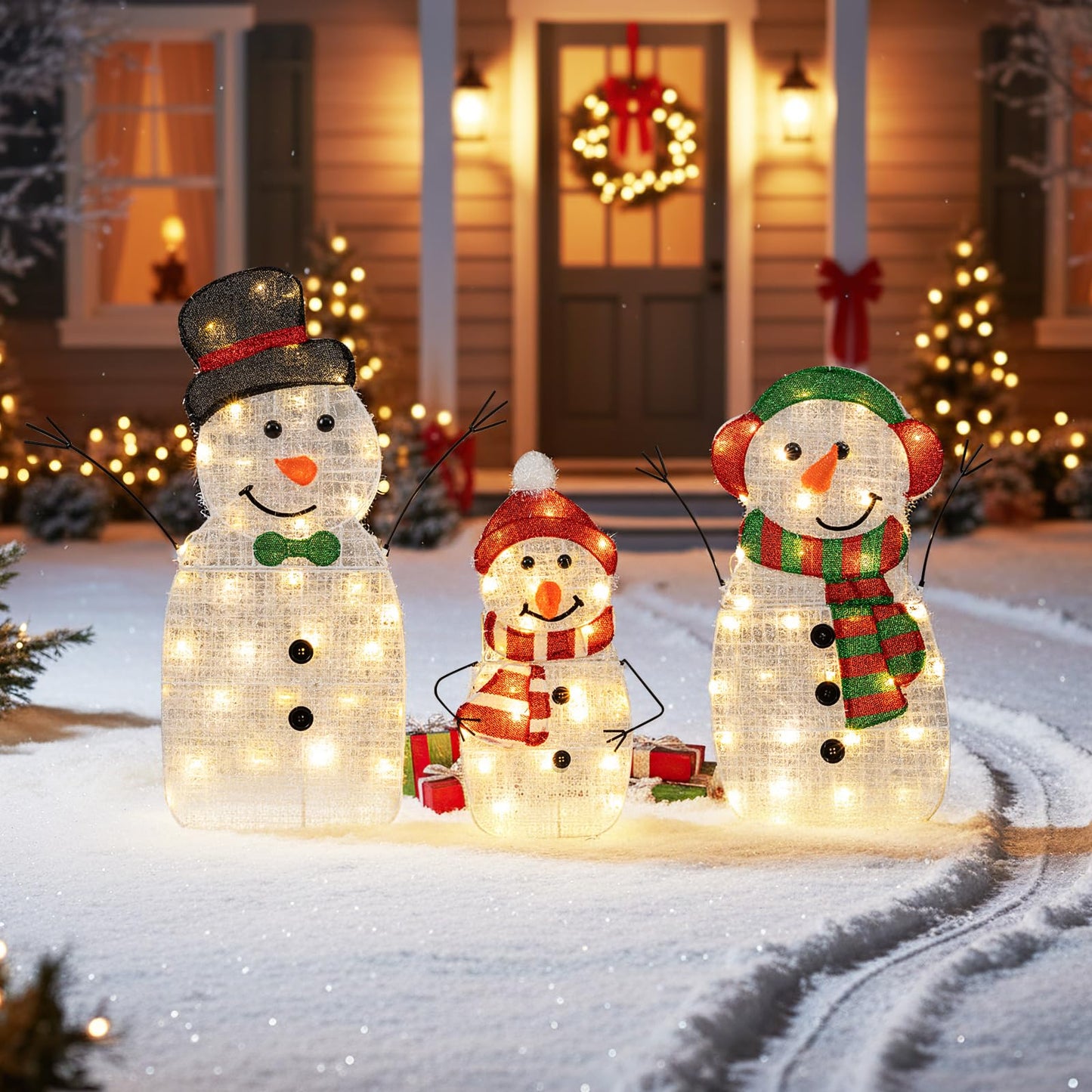 Tangkula 3 Piece Christmas Lighted Snowman Family Decoration