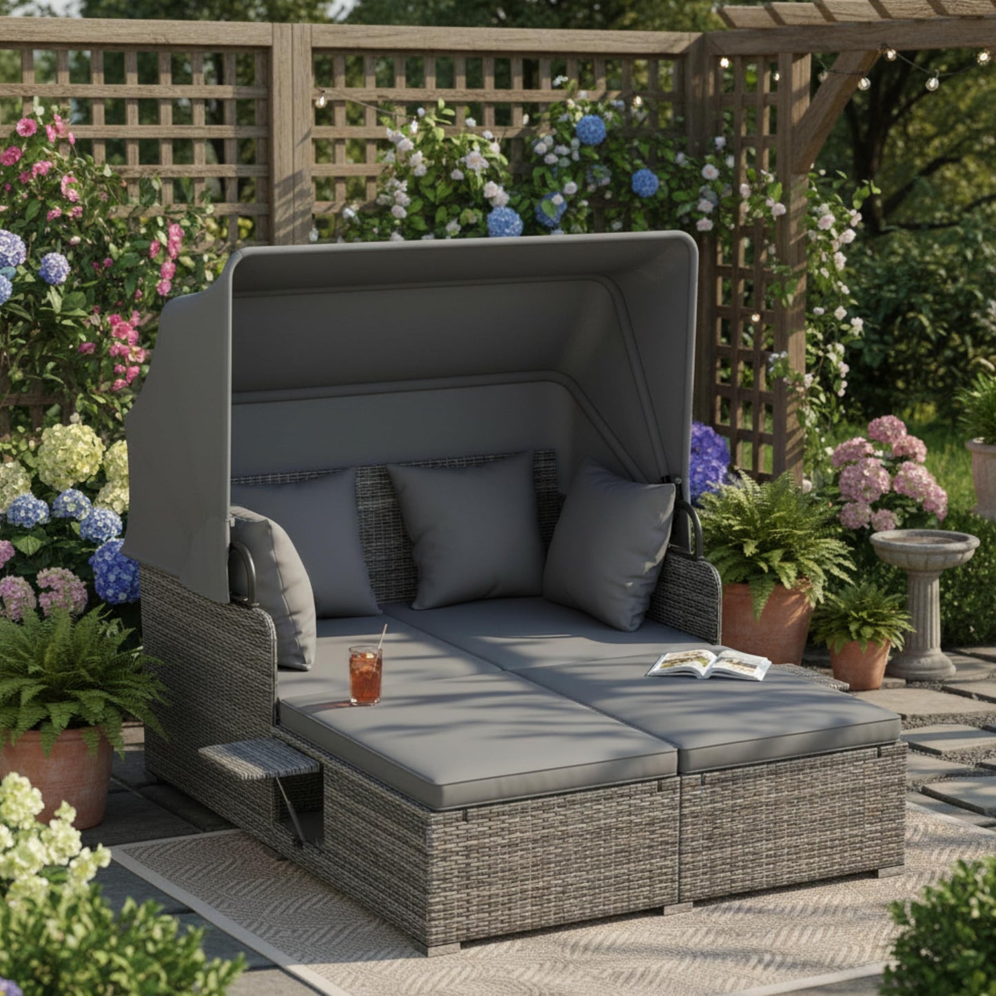 Tangkula Patio Rattan Daybed with Retractable Canopy and Side Tables-Mix Gray