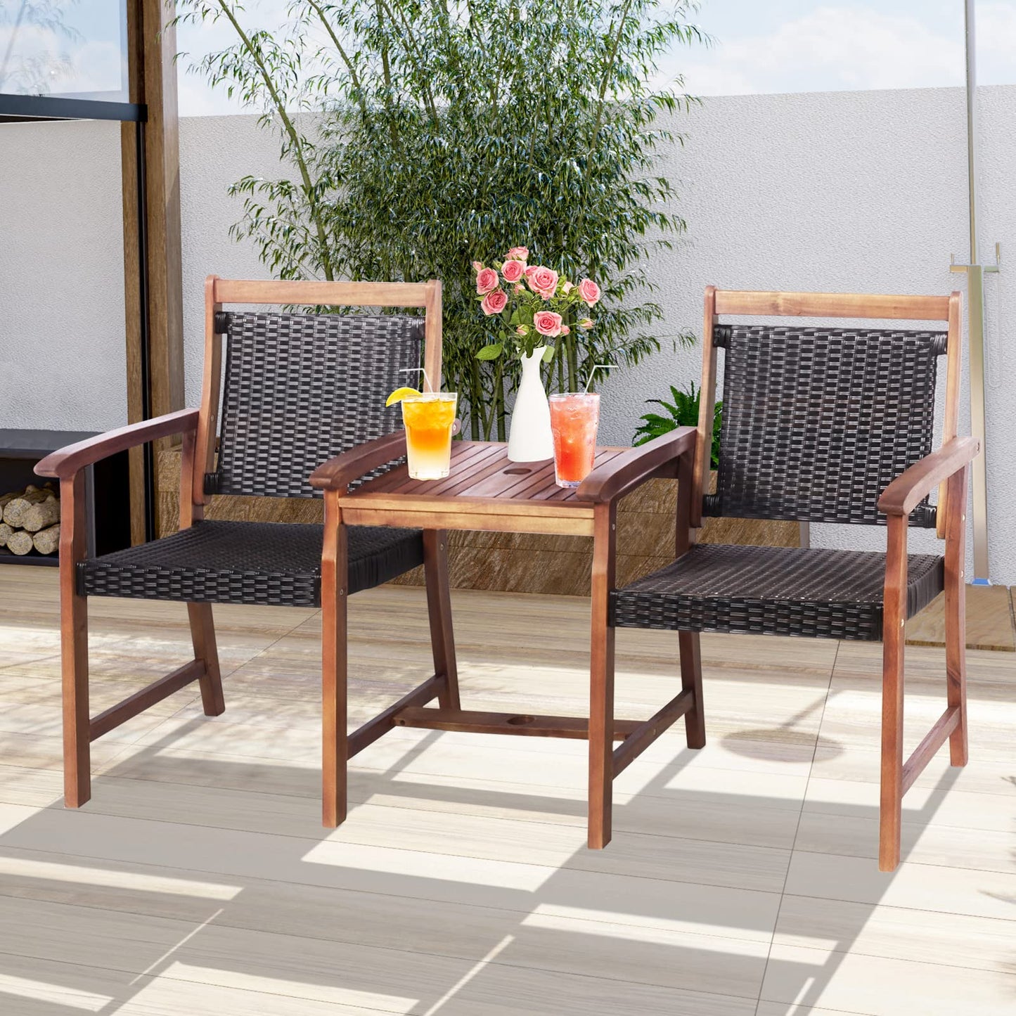 Acacia Wood Garden Bench, Patiojoy Rattan Companion Loveseat Chair with Coffee Table and Parasol Hole