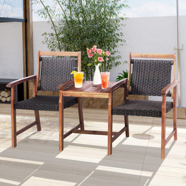 Acacia Wood Garden Bench, Patiojoy Rattan Companion Loveseat Chair with Coffee Table and Parasol Hole